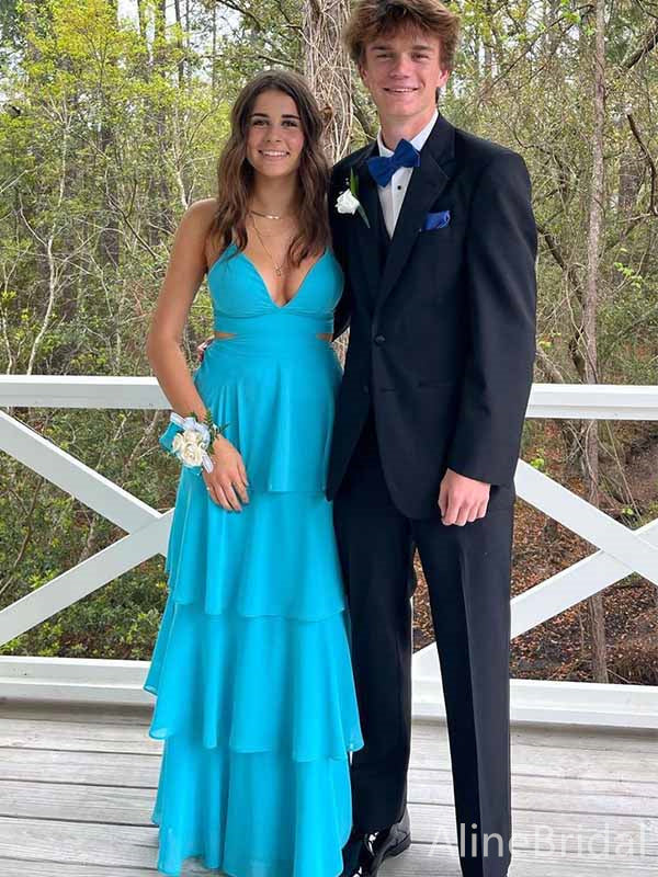 Elegant Blue V-neck Spaghetti Strap A-line Long Tiered Prom Dress with Cut-Out, PD382023