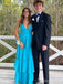 Elegant Blue V-neck Spaghetti Strap A-line Long Tiered Prom Dress with Cut-Out, PD382023