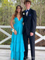 Elegant Blue V-neck Spaghetti Strap A-line Long Tiered Prom Dress with Cut-Out, PD382023
