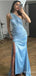 Elegant One-Shoulder Blue Mermaid Long Prom Dress with Slit, PD382024