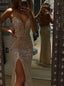 Sparkly Champagne Gold V-neck Side Slit Mermaid Floor Length Prom Dress, PD3668