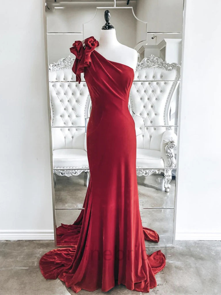 Sexy Red Velvet One Shoulder Sleeveless Mermaid Long Prom Dress, Evening Gown, PD3695