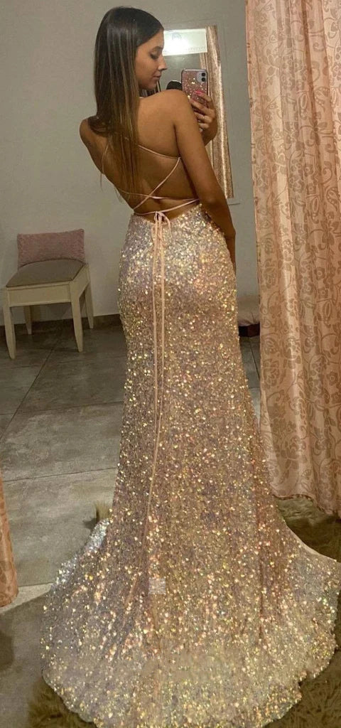 Sparkly Champagne Gold V-neck Side Slit Mermaid Floor Length Prom Dress, PD3668