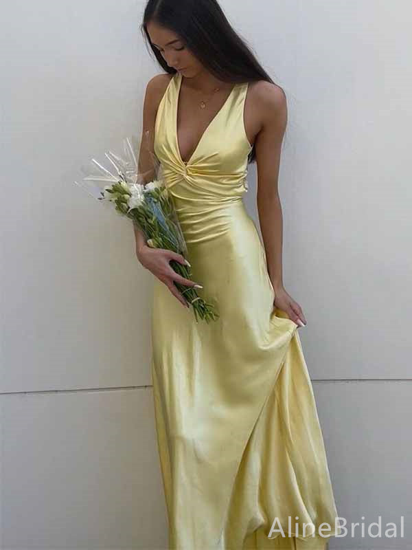Elegant Yellow V-neck Mermaid Long Prom Dress with Bow Detailing, PD382030