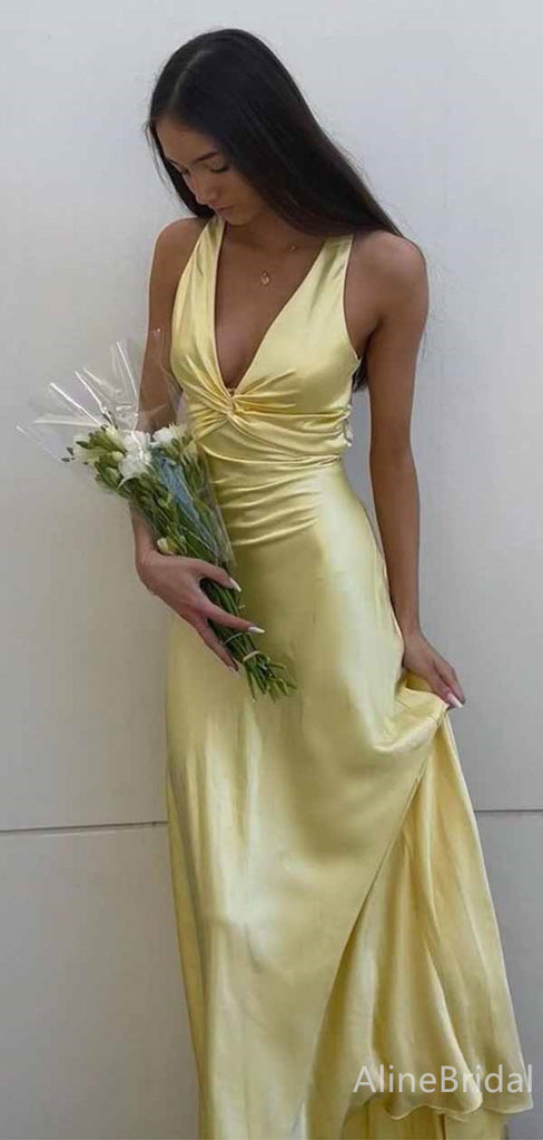 Elegant Yellow V-neck Mermaid Long Prom Dress with Bow Detailing, PD382030
