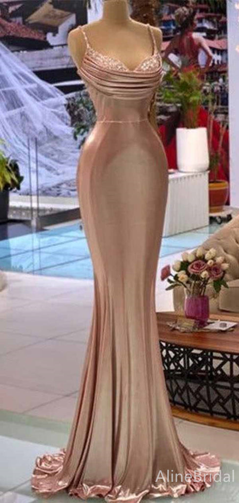 Elegant champagne V-neck Pleated Long Mermaid Prom Dress, PD382031
