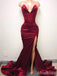 Elegant V-neck Strapless Side Slit Burgundy Mermaid Long Prom Dress, PD382035