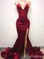 Elegant V-neck Strapless Side Slit Burgundy Mermaid Long Prom Dress, PD382035