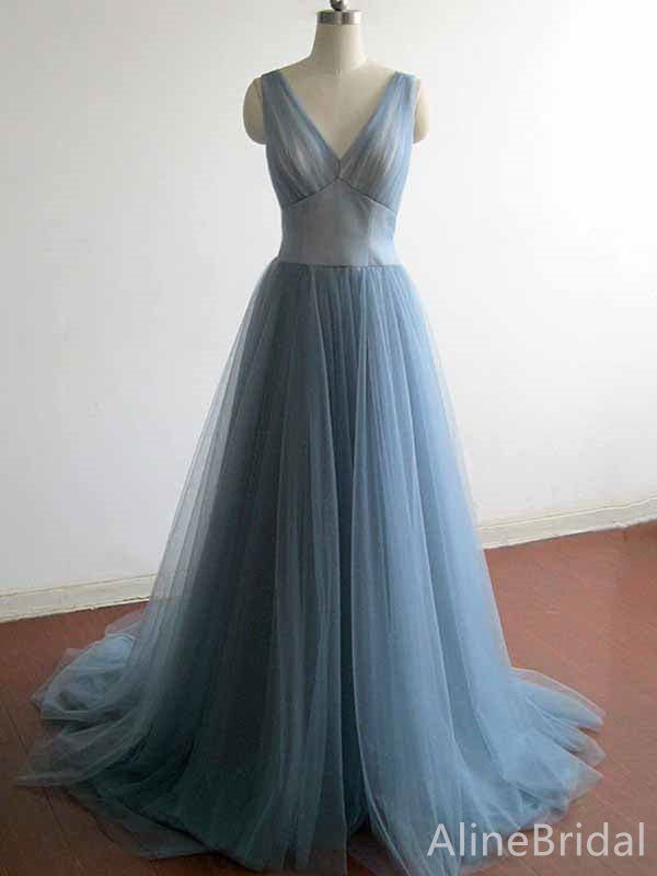 Elegant V-neck Grey Blue A-line Long Tulle Prom Dress, PD382037