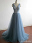 Elegant V-neck Grey Blue A-line Long Tulle Prom Dress, PD382037