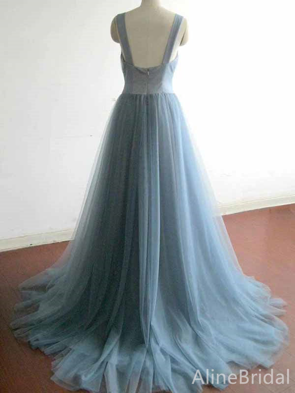 Elegant V-neck Grey Blue A-line Long Tulle Prom Dress, PD382037