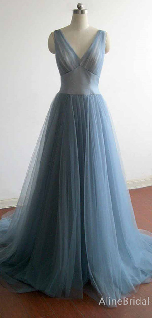 Elegant V-neck Grey Blue A-line Long Tulle Prom Dress, PD382037