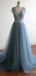 Elegant V-neck Grey Blue A-line Long Tulle Prom Dress, PD382037