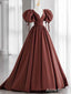Gorgeous Dark Red V-neck A-line Long Prom Dress with Puff Sleeves, PD382039