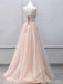 Pastel V-neck Spaghetti Strap Pleated A-line Long Tulle Prom Dress, PD382041