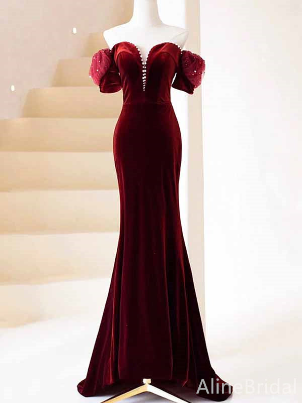 Vintage Sweetheart Off-Shoulder Burgundy Long Velvet Mermaid Prom Dress, PD382045