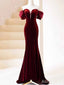 Vintage Sweetheart Off-Shoulder Burgundy Long Velvet Mermaid Prom Dress, PD382045