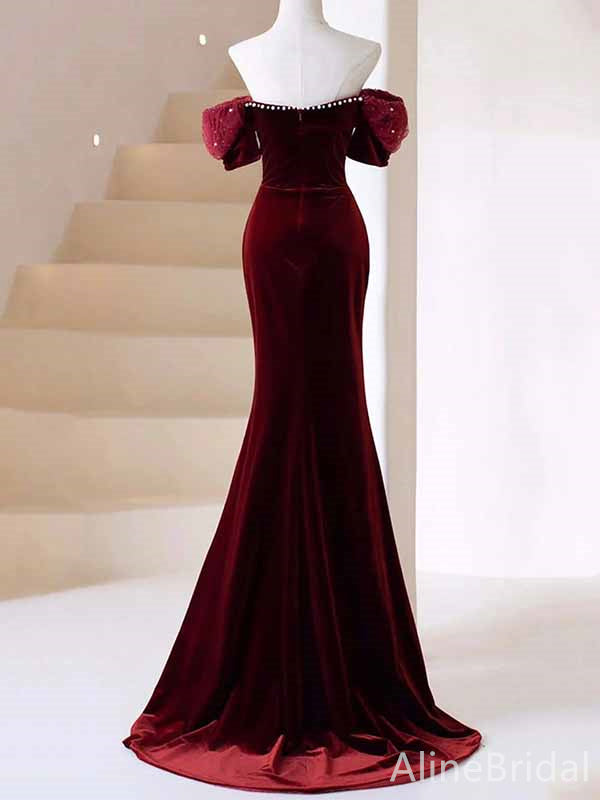 Vintage Sweetheart Off-Shoulder Burgundy Long Velvet Mermaid Prom Dress, PD382045