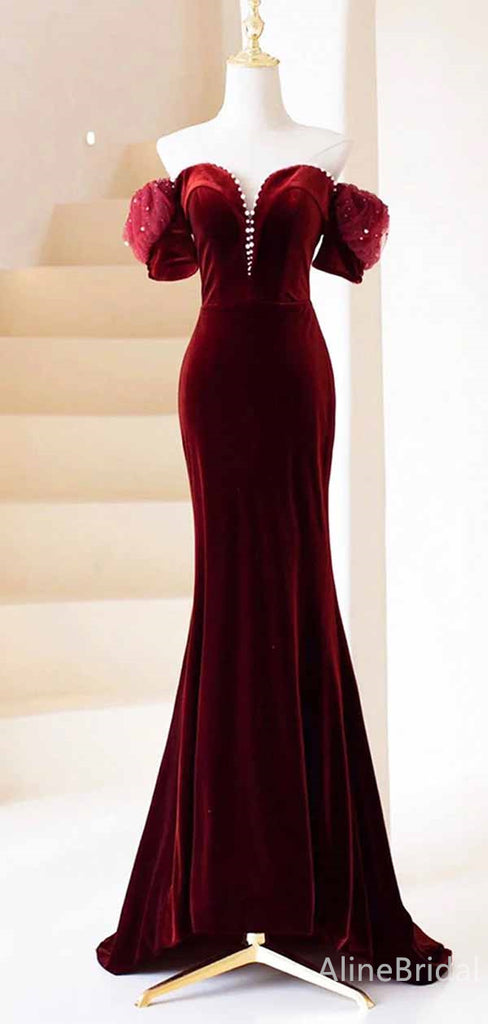 Vintage Sweetheart Off-Shoulder Burgundy Long Velvet Mermaid Prom Dress, PD382045