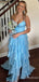 Elegant V-neck Blue Spaghetti Strap A-line Tiered Long Prom Dress with Slit, PD382051