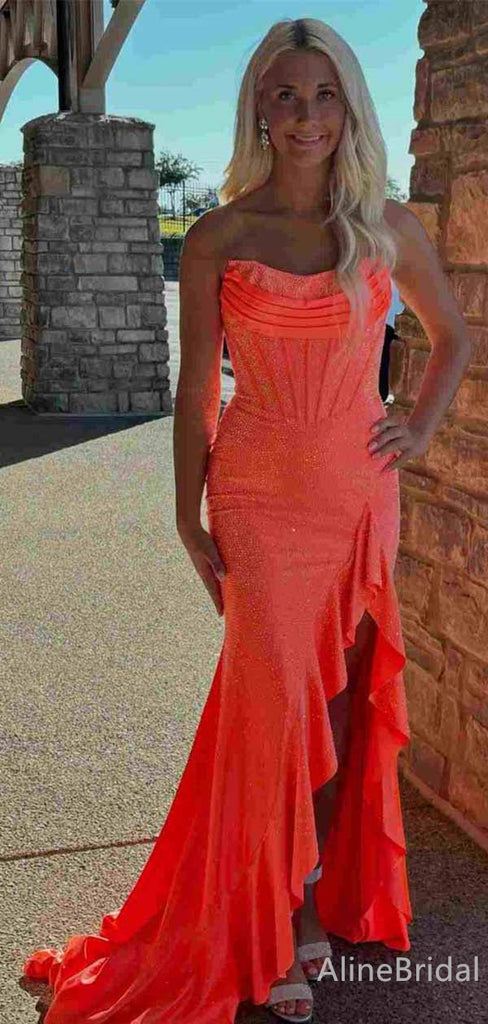 Stunning Strapless Orange Ruffle Corset Mermaid Long Prom Dress with Side Slit, PD382052