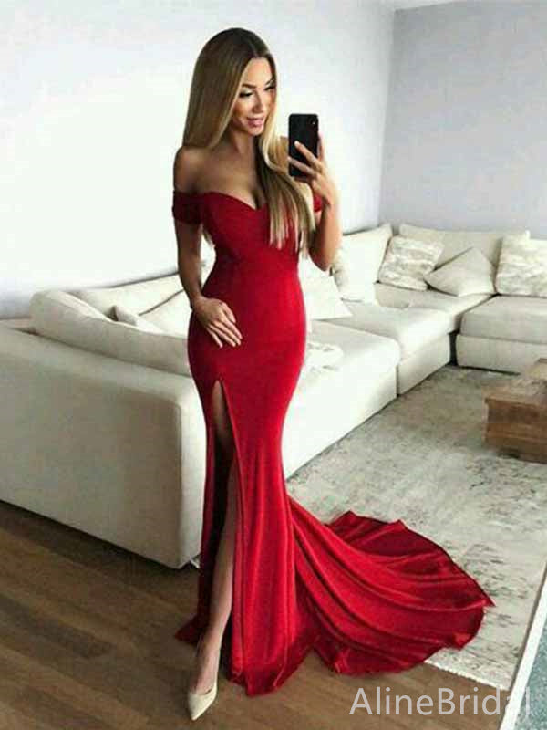 Sexy V-neck Off-Shoulder Red Strapless Mermaid Long Prom Dress with Slit, PD382056