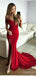 Sexy V-neck Off-Shoulder Red Strapless Mermaid Long Prom Dress with Slit, PD382056