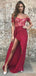 Gorgeous Red V-neck  Off-Shoulder Lace Mermaid Long Prom Dress with Side Slit, PD382057