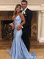 Elegant Blue V-neck Spaghetti Strap Mermaid Prom Dress, Evening Dress, PD382062