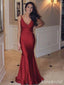 Elegant BUrgundy V-neck Spaghetti Strap Burgundy Long Mermaid Prom Dress, Evening Dress, PD382066
