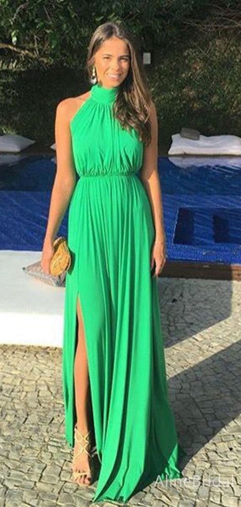 Simple Green Split Side A-line Long Prom Dress, Halter Evening Dress, PD382068