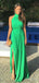 Simple Green Split Side A-line Long Prom Dress, Halter Evening Dress, PD382068