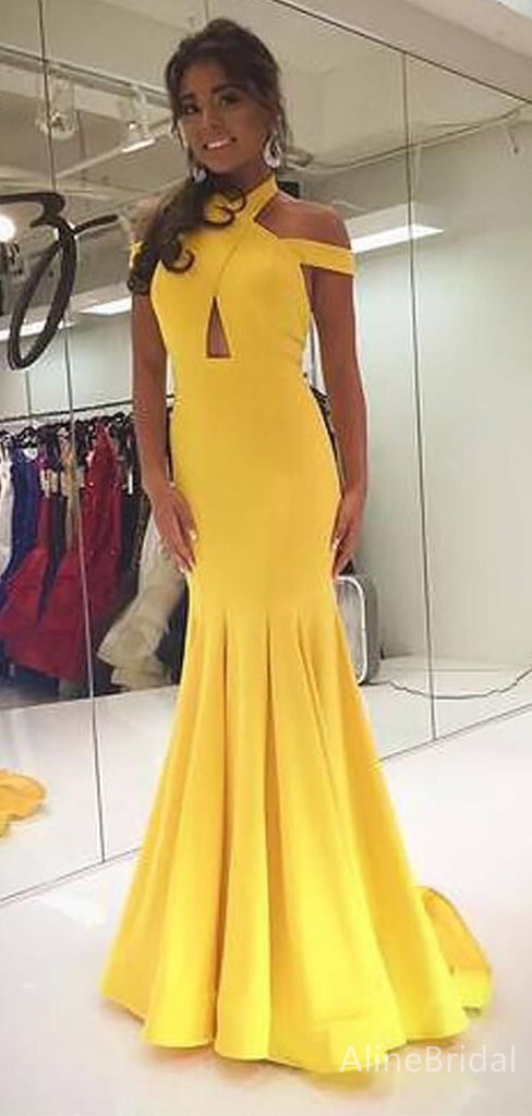 Unique Yellow Halter Long Mermaid Prom Dress, Off the Shoulder Cut Out Evening Dress, PD382070