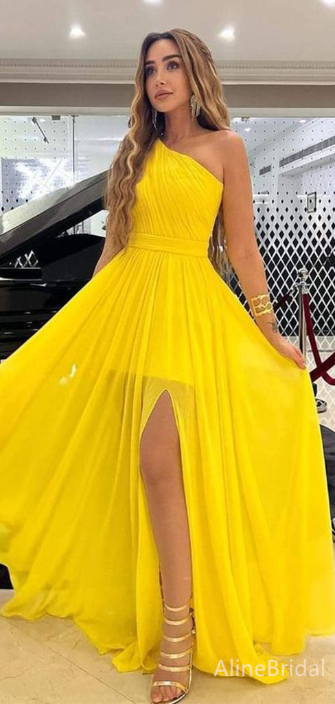 Elegant Yellow One-Shoulder A-line Long Prom Dress with Side Slit, Evening Dress, PD382075