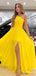Elegant Yellow One-Shoulder A-line Long Prom Dress with Side Slit, Evening Dress, PD382075
