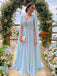 Elegant Light Blue V-neck Chiffon A-line Long Prom Dress with Cape, Evening Dress, PD382076