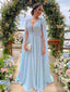 Elegant Light Blue V-neck Chiffon A-line Long Prom Dress with Cape, Evening Dress, PD382076