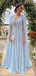 Elegant Light Blue V-neck Chiffon A-line Long Prom Dress with Cape, Evening Dress, PD382076