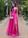 Stunning Hot Pink Spaghetti Strap A-line Long Prom Dress with Side Slit, Evening Dress, PD382079