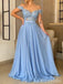 Gorgeous Blue Off-the-Shoulder Lace A-line Long Prom Dress, Evening Dress, PD382080