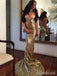 Sparkly Gold V-neck Backless Long Mermaid Prom Dress, Evening Dress, PD382081