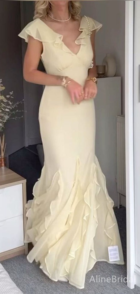 Elegant Yellow V-neck Ruffle Long Mermaid  Prom Dress, Evening Dress, PD382084