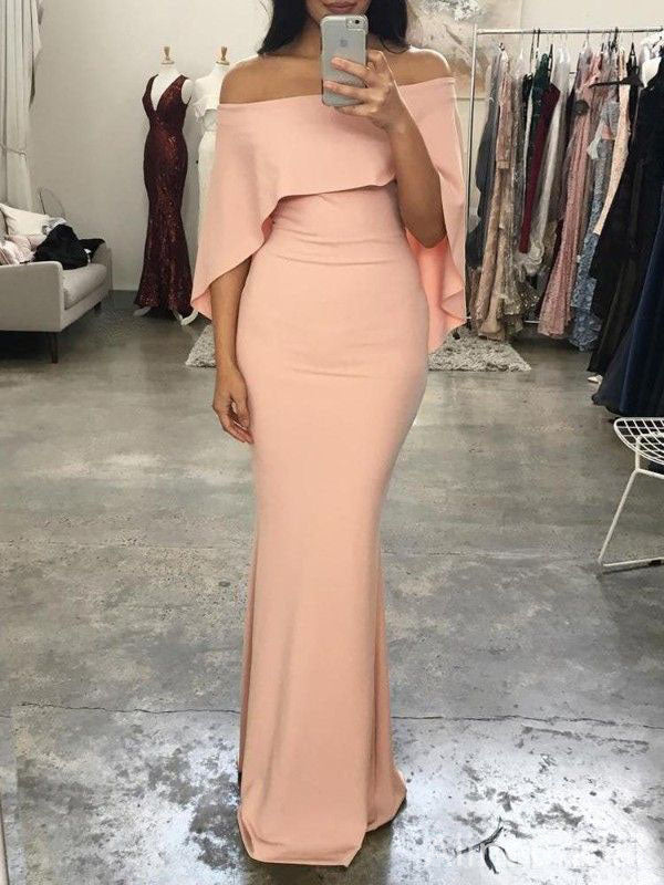 Elegant Light Peach Pink Off-Shoulder Long Mermaid Prom Dress with Cape, Evening Dress, PD382086