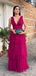 Elegant Fuchsia V-neck A-line Layered Tulle Long Prom Dress, Evening Dress, PD382102