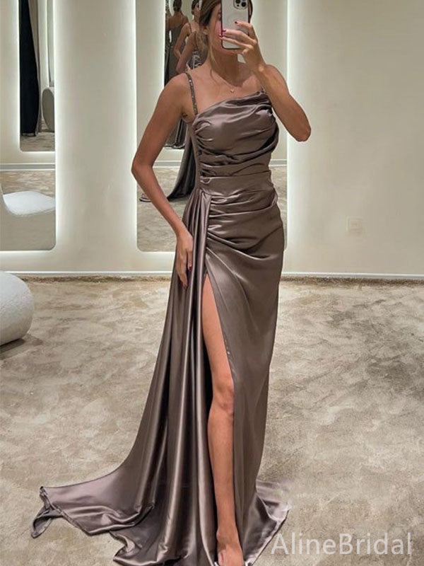 Gorgeous Mocha Spaghetti Strap Pleated Maxi Long Prom Dress with Slit, Evening Dress, PD382104