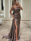 Gorgeous Mocha Spaghetti Strap Pleated Maxi Long Prom Dress with Slit, Evening Dress, PD382104
