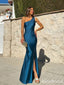 Elegant Dark Blue One-Shoulder Backless Long Mermaid Evening Dress with Slit, Prom Dress, PD382116