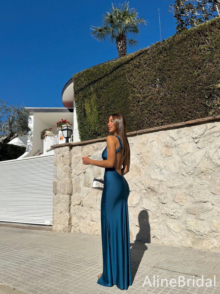 Elegant Dark Blue One-Shoulder Backless Long Mermaid Evening Dress with Slit, Prom Dress, PD382116