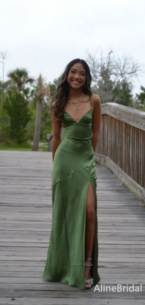 Simple Olive Green Backless Long Prom Dress with Slit, Evening Dress, PD382119