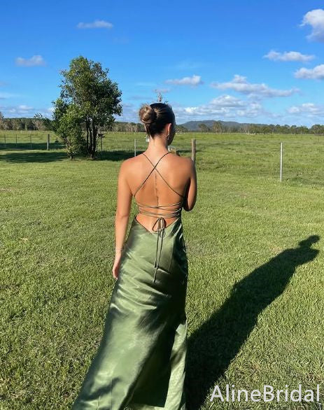 Simple Olive Green Backless Long Prom Dress with Slit, Evening Dress, PD382119